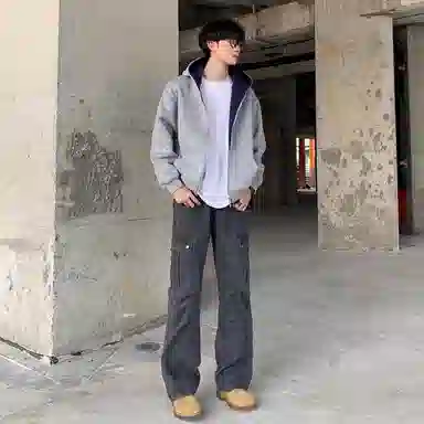 虫小绿 春秋季小众设计感美式高街内外撞色高级感长袖重磅开衫外套双拉链宽松休闲百搭潮牌简约廓形情侣款连帽卫衣 男女同款