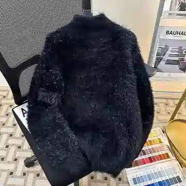 虫小绿 秋冬季时尚提花仿水貂毛立领毛线衣外套保暖拉链开衫毛衣帅气慵懒风松弛感高级弹力打底百搭宽松休闲垂感针织衫 男女同款