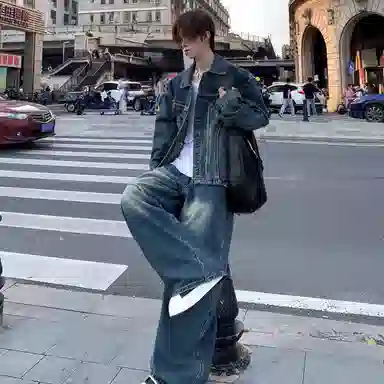 虫小绿 美式复古水洗做旧牛仔外套长裤两件套春秋款潮流小众设计拼接高级感宽松休闲运动套装 男女同款