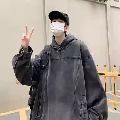 虫小绿 美式水洗做旧高街风套头连帽外套上衣休闲春秋季街头潮牌宽松复古痞帅百搭牛仔帽衫长袖卫衣 男女同款