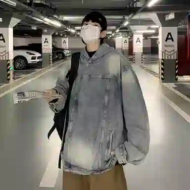 虫小绿 美式高街复古套头牛仔连帽上衣水洗做旧高级感春秋季宽松休闲工装夹克长袖外套情侣帽衫卫衣 男女同款