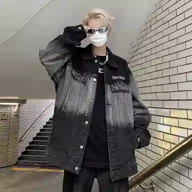 虫小绿 春秋季高街水洗渐变绣花字母上衣美式潮牌休闲宽松复古设计单排扣翻领夹克牛仔外套 男女同款