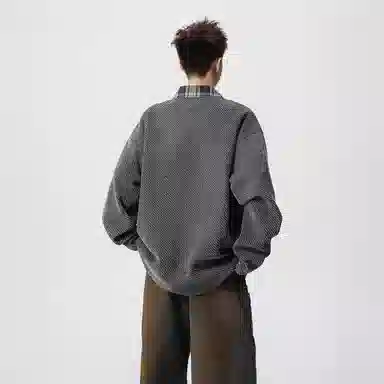 虫小绿 美式高街学院风基础款纯色上衣外套休闲格子拼接翻领设计感宽松户外通勤百搭港风痞帅高级感长袖卫衣 男女同款