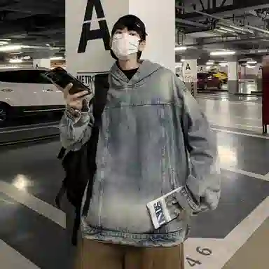 虫小绿 美式高街复古套头牛仔连帽上衣水洗做旧高级感春秋季宽松休闲工装夹克长袖外套情侣帽衫卫衣 男女同款
