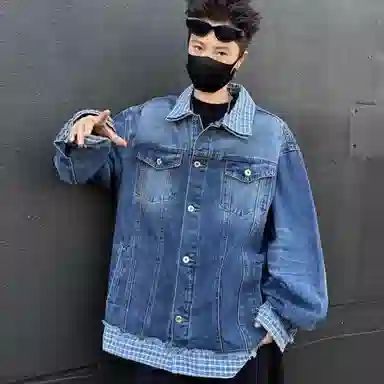 虫小绿 美式假两件拼接潮牌街头垂感翻领百搭宽松牛仔外套 男女同款