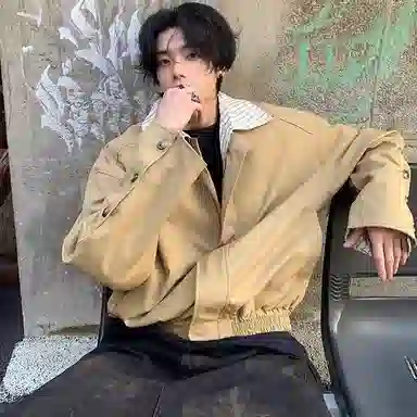 虫小绿 春秋季潮流撞色拼接条纹翻领外套廓形琥珀系美式复古简约个性小众设计感宽松舒适日常休闲百搭通勤工装防风夹克 男女同款