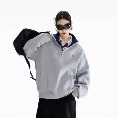 虫小绿 美式潮牌复古基础纯色胸口小标时尚半拉链立领上衣外套秋冬季痞帅气质百搭宽松休闲情侣款卫衣 男女同款