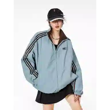 虫小绿 美式宽松潮流复古时尚个性情侣百搭双面穿条纹拼接外套夹克 男女同款