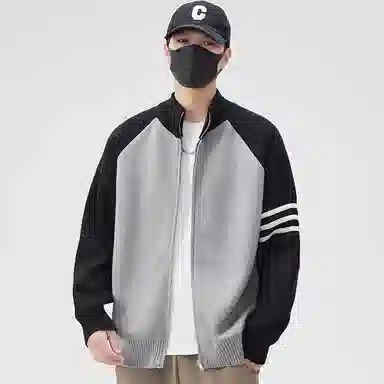 虫小绿 美式高街国潮牌开衫毛衣春秋季立领撞色三杠外套百搭休闲毛线衣服双拉链针织衫 男女同款