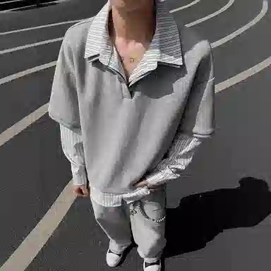 虫小绿 美式复古假两件拼接条纹痞帅高级感衬衫领套头上衣内搭春秋季百搭宽松休闲潮流插领设计长袖卫衣 男女同款