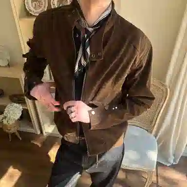 虫小绿 美式春秋季复古绒皮工艺立领哈灵顿短款外套潮流高级感时尚痞帅休闲百搭情侣款上衣夹克 男女同款