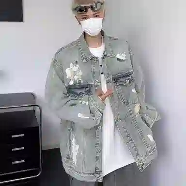 虫小绿 美式复古高街泼墨水洗做旧涂鸦牛仔外套春秋季潮流设计感宽松休闲破洞拼接翻领工装夹克 男女同款
