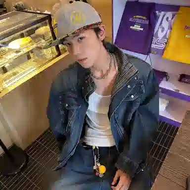 虫小绿 美式复古设计款双层立领短款夹克上衣春秋款潮流痞帅高级宽松休闲百搭拼接牛仔外套 男女同款