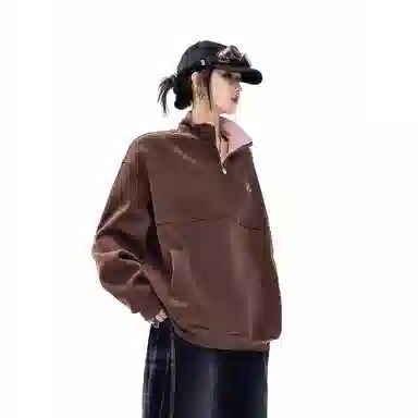 虫小绿 美式潮牌复古基础纯色胸口小标时尚半拉链立领上衣外套秋冬季痞帅气质百搭宽松休闲情侣款卫衣 男女同款