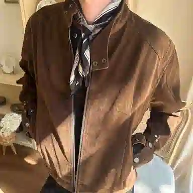 虫小绿 美式春秋季复古绒皮工艺立领哈灵顿短款外套潮流高级感时尚痞帅休闲百搭情侣款上衣夹克 男女同款