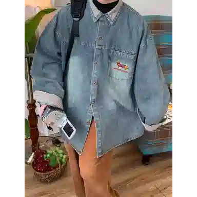 虫小绿 美式复古腊肠狗刺绣拼接水洗翻领长袖衬衫上衣纯色设计感春秋季潮流宽松百搭通勤情侣牛仔外套 男女同款