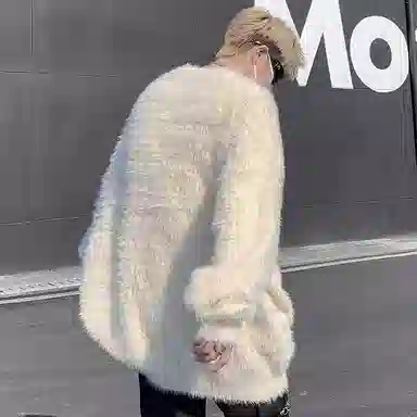 虫小绿 美式高街复古字母仿貂毛绒套头毛衣外套痞帅嘻哈百搭舒适设计感户外防风防寒休闲宽松慵懒风直筒圆领针织衫 男女同款
