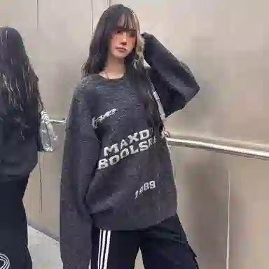 虫小绿 美式复古亨特领字母绣花纽扣套头毛线衣外套秋冬季休闲宽松慵懒设计感百搭针织衫 男女同款