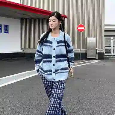 虫小绿 美式复古软糯仿貂毛开衫毛衣外套秋冬季潮流宽松休闲上衣百搭慵懒风保暖针织衫 男女同款