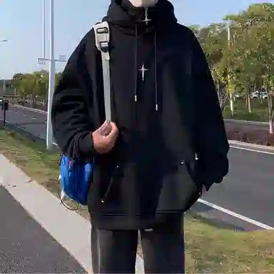 虫小绿 假两件半拉链高领金属胸针套头帽衫上衣秋冬季美式重磅潮牌加绒加厚纯色外套宽松高级感休闲百搭连帽卫衣 男女同款