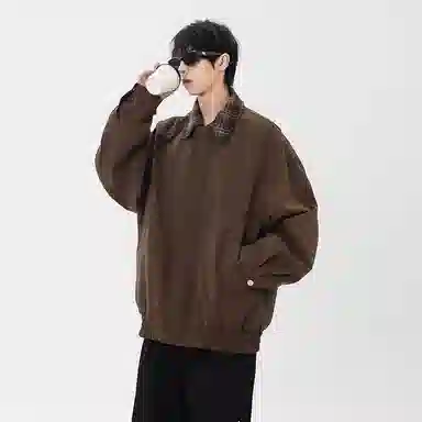 虫小绿 美式复古高级感小众设计感格子假两件外套上衣拼接翻领春秋季高街风高质感时髦舒适休闲宽松飞行员夹克 男女同款