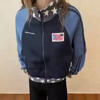 虫小绿 美式复古拼接撞色星星立领设计感运动开衫夹克外套春秋季宽松舒适百搭上衣休闲拉链卫衣 男女同款