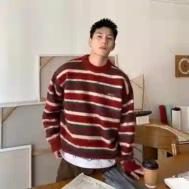 虫小绿 美式复古条纹撞色圆领上衣宽松仿貂绒外套慵懒风秋冬季保暖打底长袖百搭休闲针织衫 男女同款