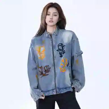 虫小绿 美式复古做旧高级感水洗花卉刺绣夹克上衣春秋季潮流高街宽松休闲慵懒拉链立领情侣牛仔外套 男女同款