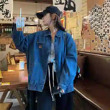 虫小绿 韩版学院风甜美超好看短款夹克百搭通勤春秋款复古高级感水洗做旧休闲宽松工装拉链上衣情侣牛仔外套 男女同款