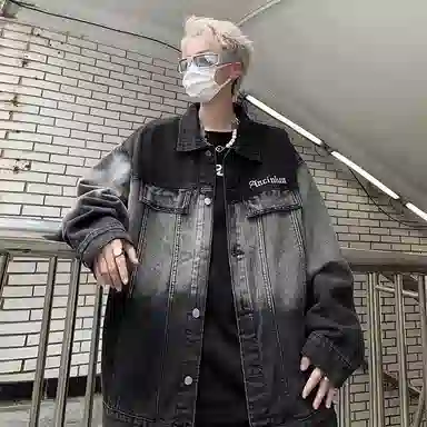 虫小绿 春秋季高街水洗渐变绣花字母上衣美式潮牌休闲宽松复古设计单排扣翻领夹克牛仔外套 男女同款
