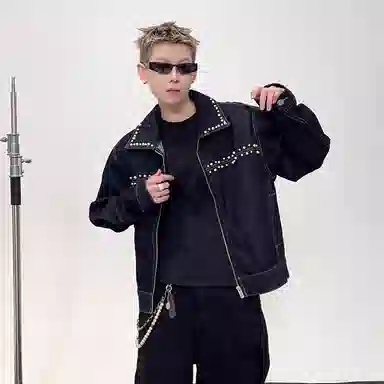 虫小绿 潮流设计立体珍珠钉珠小版型短款夹克长袖上衣宽松春秋美式水洗做旧街头小众高级感休闲百搭牛仔外套 男女同款