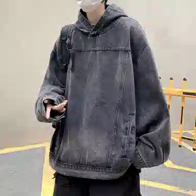 虫小绿 美式水洗做旧高街风套头连帽外套上衣休闲春秋季街头潮牌宽松复古痞帅百搭牛仔帽衫长袖卫衣 男女同款