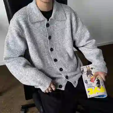 虫小绿 慵懒风立领单排扣设计开衫美式潮牌嘻哈街头痞帅复古高街时尚百搭无性别主义潮流个性小众休闲针织衫 男女同款