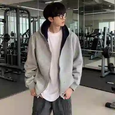虫小绿 春秋季小众设计感美式高街内外撞色高级感长袖重磅开衫外套双拉链宽松休闲百搭潮牌简约廓形情侣款连帽卫衣 男女同款