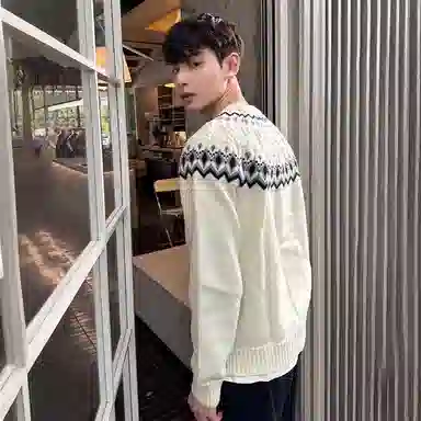 虫小绿 美式复古费尔岛套头毛衣外套绒感慵懒风秋冬季宽松休闲潮流百搭圆领提花针织衫 男女同款