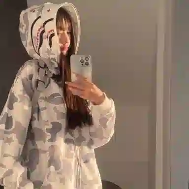 虫小绿 美式复古重磅假两件双帽鲨鱼头万针刺绣涂鸦卡通宽松运动上衣大码通勤百搭高街潮流满印迷彩长袖外套拉链开衫卫衣 男女同款