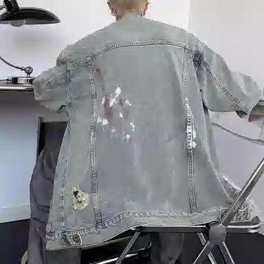 虫小绿 美式复古高街泼墨水洗做旧涂鸦牛仔外套春秋季潮流设计感宽松休闲破洞拼接翻领工装夹克 男女同款