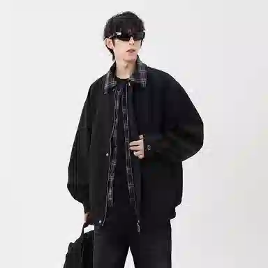 虫小绿 美式复古高级感小众设计感格子假两件外套上衣拼接翻领春秋季高街风高质感时髦舒适休闲宽松飞行员夹克 男女同款