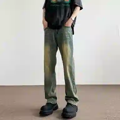 虫小绿 美式复古高街水洗做旧废土风基础款窄版微喇弯刀修身显瘦显高日常通勤百搭时尚潮流痞帅中腰垂感舒适休闲工装牛仔裤 男女同款