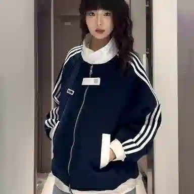 虫小绿 美式复古拼接撞色学院运动风外套春秋款潮牌三条杠夹克宽松痞帅街头舒适时尚休闲个性通勤百搭拉链卫衣 男女同款
