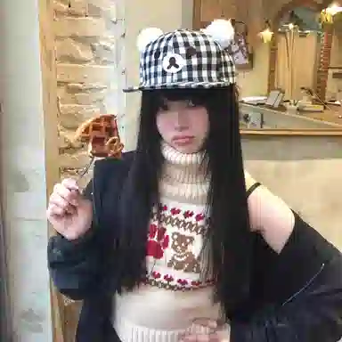 黑白格纹小熊可爱大头围显脸小春夏户外运动休闲遮阳防晒帽 优质纯棉材质 时尚鸭舌帽 男女同款情侣款