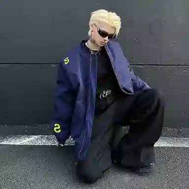 虫小绿 美式复古高重工字母刺绣休闲高级感国潮街头民族风无性别主义百搭拉链棒球领开衫夹克 男女同款