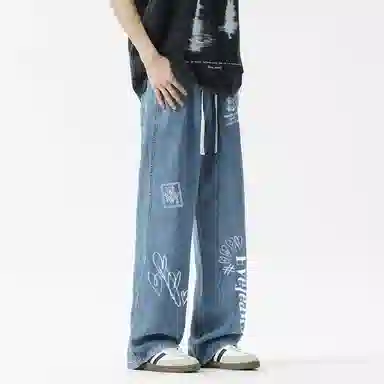 依文 美式高街复古潮牌品牌字母印花透气凉感空调裤百搭休闲宽松工装裤子垂感学院风直筒长裤牛仔裤 男女同款