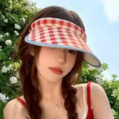 氧气樱桃 日韩系田园蝴蝶结夏季甜美清纯简约网格防晒 涤纶 空顶帽 男女同款情侣款