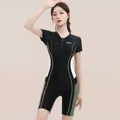 特步 撞色拼接平角连体泳装 女款 黑色