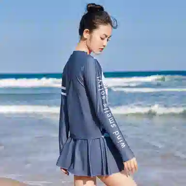特步 海浪印花长袖分体泳衣 女款 粉色