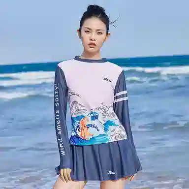 特步 海浪印花长袖分体泳衣 女款 粉色