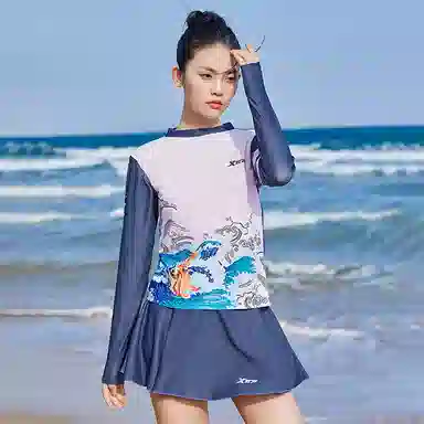 特步 海浪印花长袖分体泳衣 女款 粉色