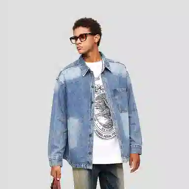 美式复古宽松水洗双口袋翻领大码牛仔外套 男款