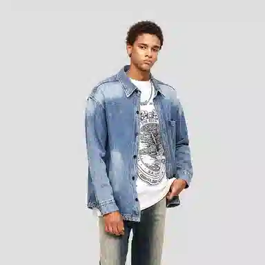 美式复古宽松水洗双口袋翻领大码牛仔外套 男款